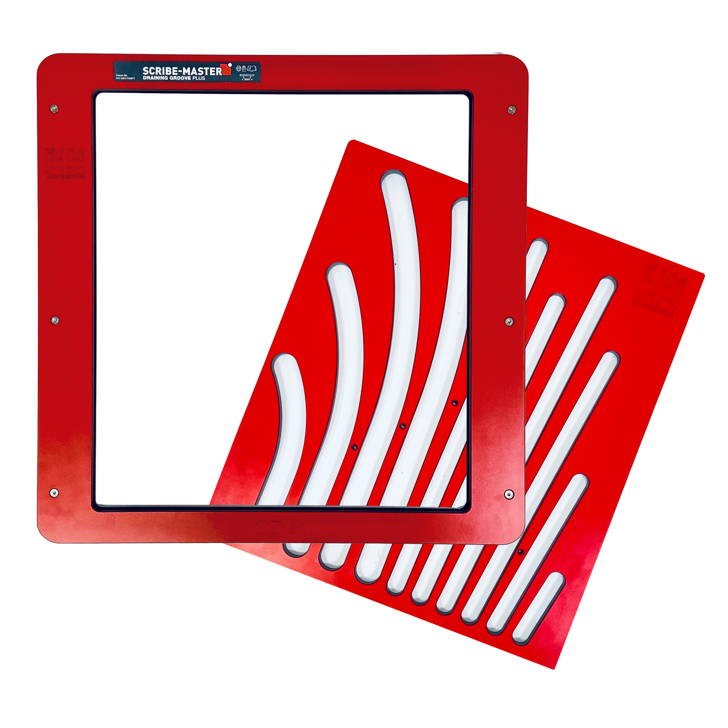 SCRIBE-MASTER Drainer Groove Plus Jig with Flex-Tech- Multi-Insert Draining Groove Jig for Solid Timber & Compact Laminate Worktops- CNC-Machined HPL- Includes Curved Fan & Lightning Fan Insert Plate