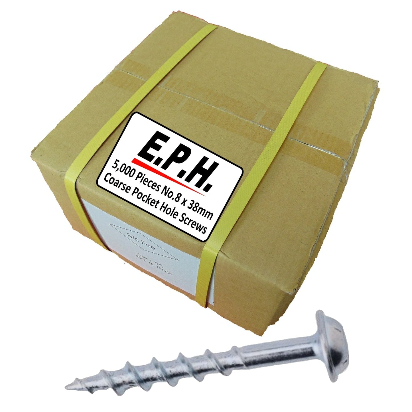 E.P.H. Pocket Hole Screws- No.8 x 38mm, Pack of 5,000- Coarse Self-Cutting Thread, Square Drive- For Softwoods & Man-Made Boards- EPH8385000C