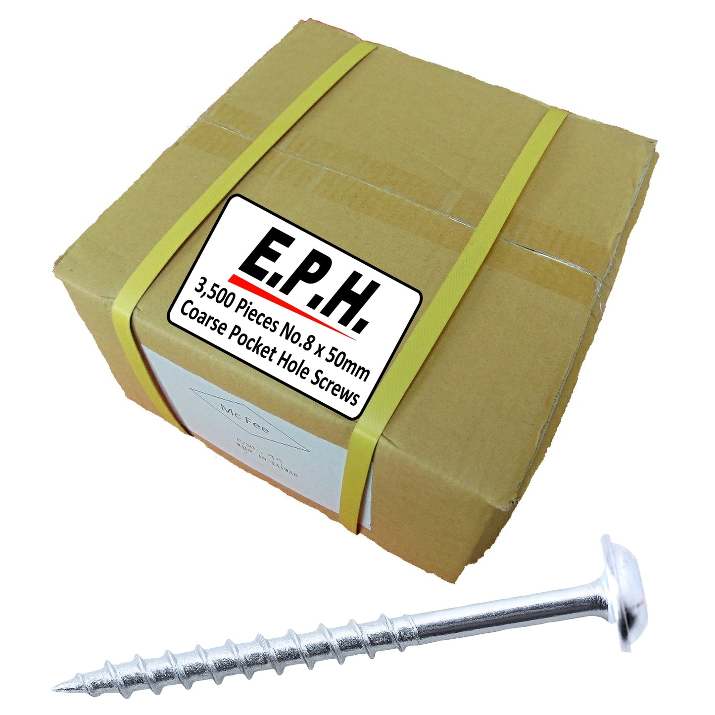 E.P.H. Pocket Hole Screws – No.8 x 50mm, Pack of 3,500 – Coarse Self-Cutting Thread, Square Drive – For Softwoods & Man-Made Boards – EPH8503500C