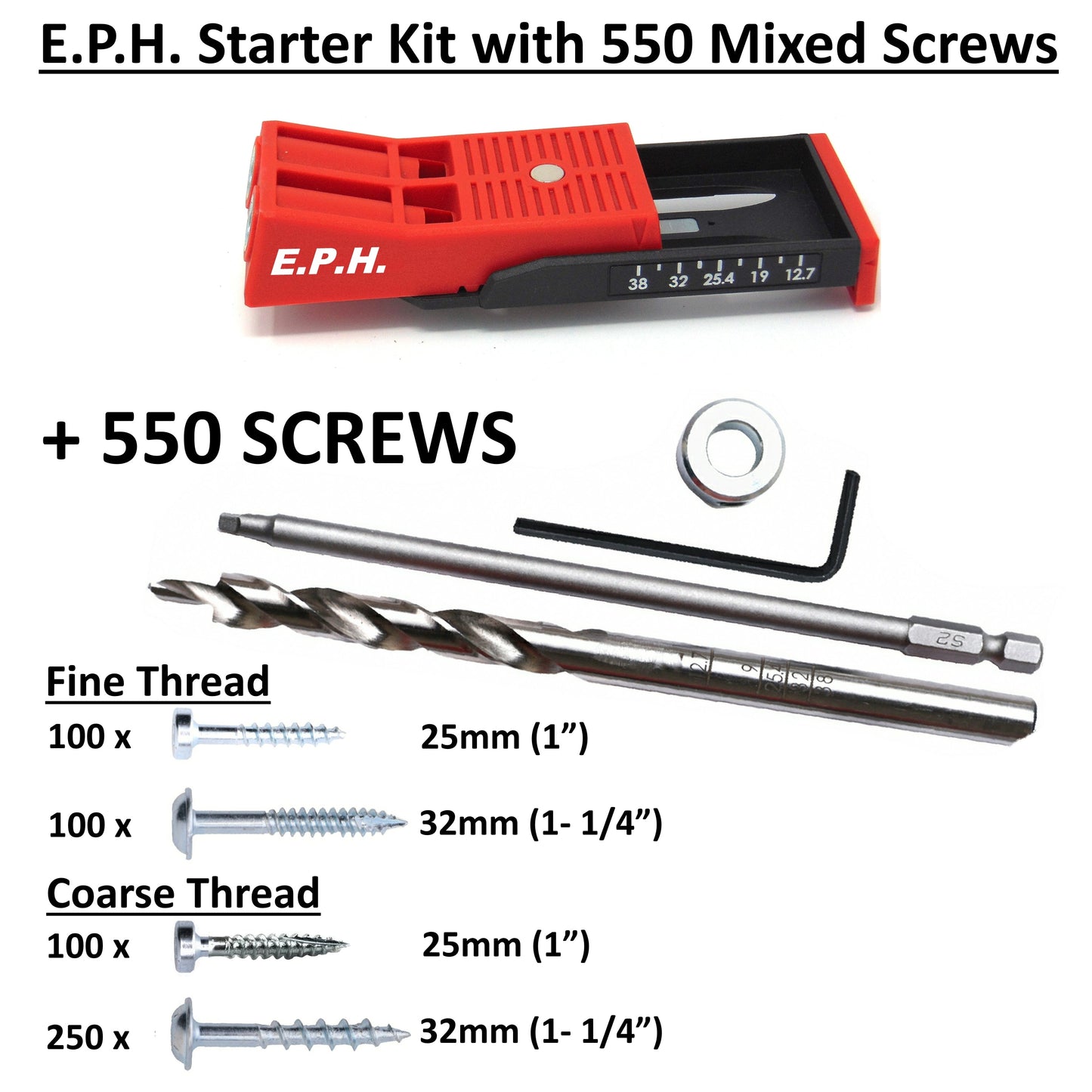 E.P.H. Pocket Hole Starter Kit + 550 Mixed Pocket Hole Screws- Twin Hole Jig, Depth-Marked Drill Bit, 150mm Robertson #2 Driver- EPHSTKIT2