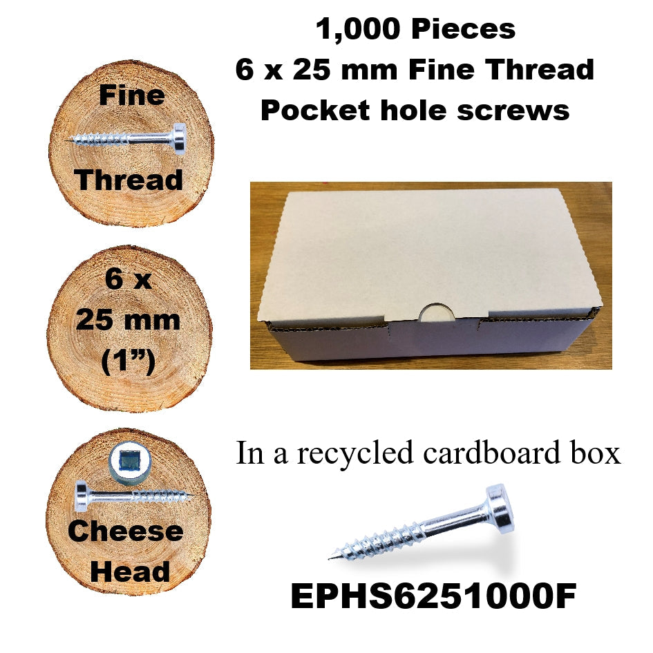 EPHS6251000F Pocket Hole Screws - 1,000 x 25mm (1") x 6mm Fine Thread