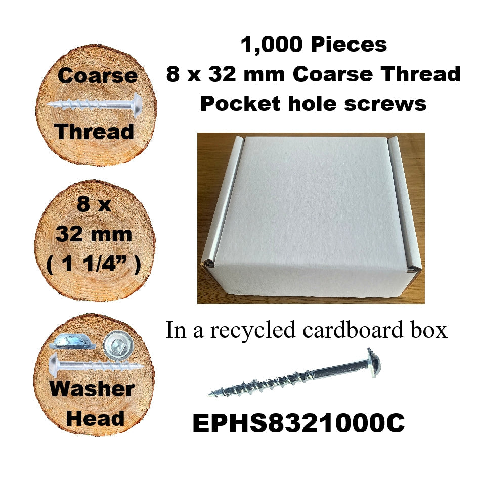 EPHS8321000C Pocket Hole Screws - 1,000 x 32mm (1-1/4") x 8mm Coarse Thread