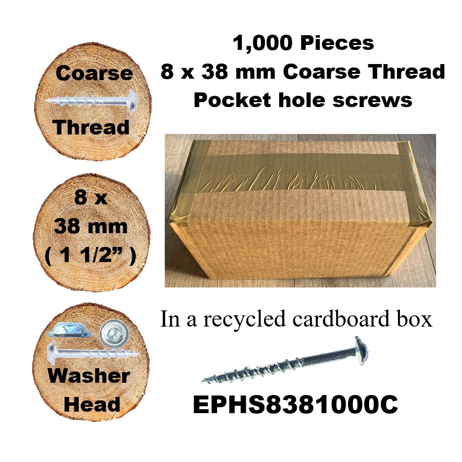 EPHS8381000C Pocket Hole Screws - 1,000 x 38mm (1-1/2") x 8mm Coarse Thread