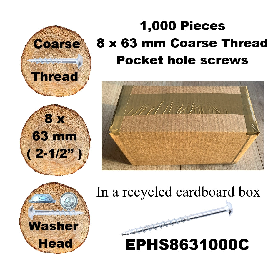 EPHS8631000C Pocket Hole Screws - 50 x 63mm (2-1/2") x 8mm Coarse Thread