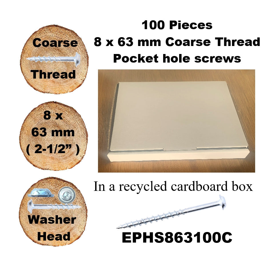 EPHS863100C Pocket Hole Screws - 100 x 63mm (2-1/2") x 8mm Coarse Thread