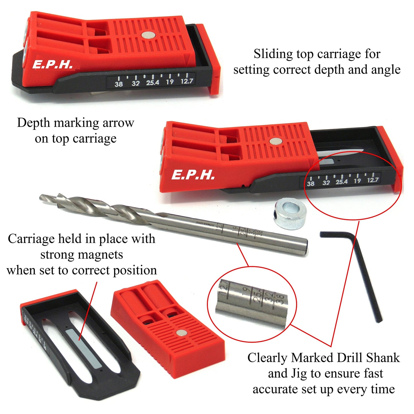 E.P.H. Pocket Hole Starter Kit – Twin Hole Jig, Depth-Marked Drill Bit with Stop Collar, 150mm Robertson #2 Driver – ETPHJBPHEX!