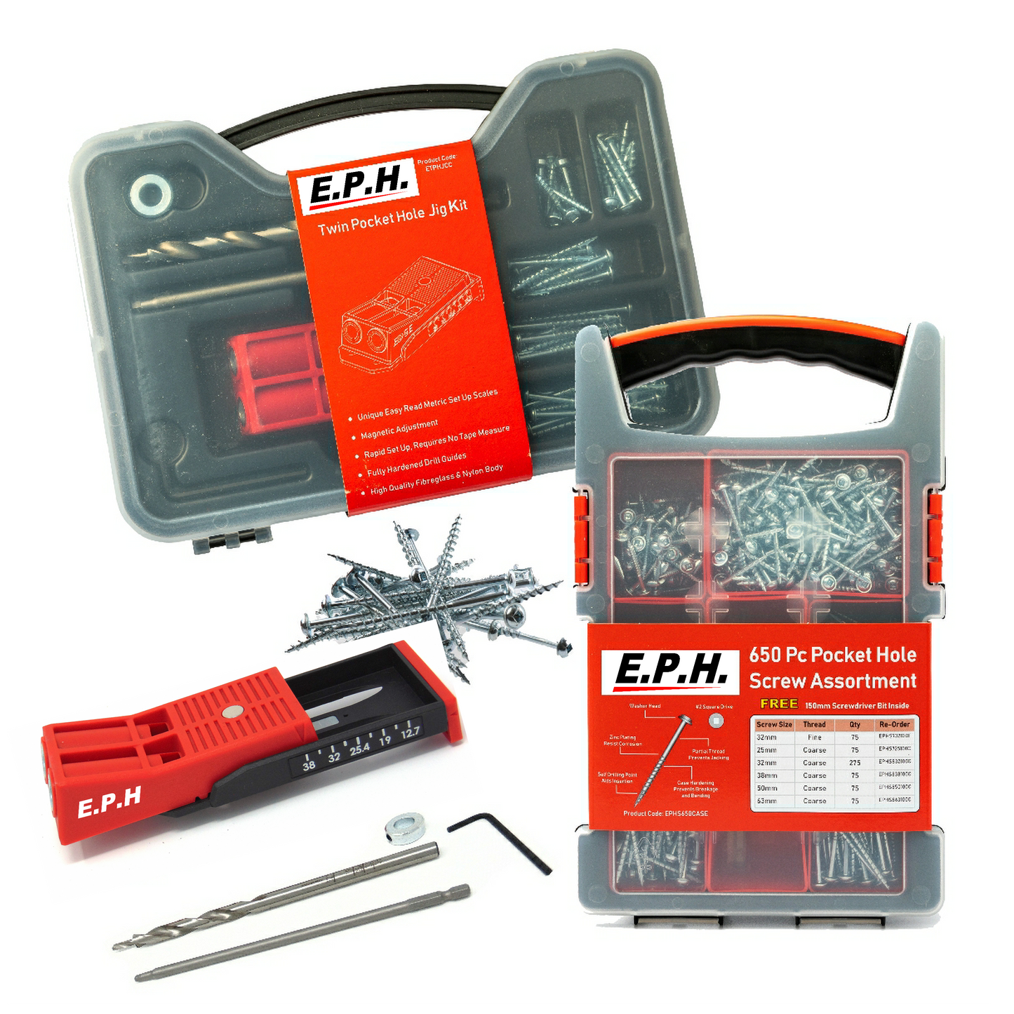 The ultimate starter kit, 2 port jig, drill and driver mixed with our best selling 650 mixed screw assortment, both in their own cases.