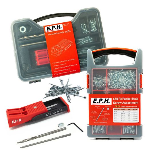 The ultimate starter kit, 2 port jig, drill and driver mixed with our best selling 650 mixed screw assortment, both in their own cases.