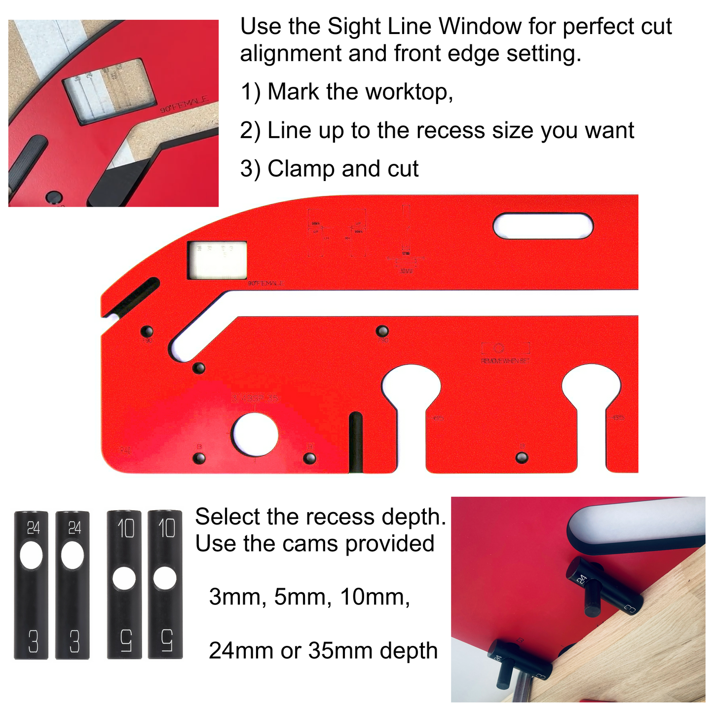 Scribe-Master KWJ750PRO 750mm Kitchen Worktop Router Jig- Mason's Mitre Jointing Template, SightLine Front-Edge Alignment Window, 5 Backset Cams (3€“35mm), 30mm Guide Bush Compatible, UK Made