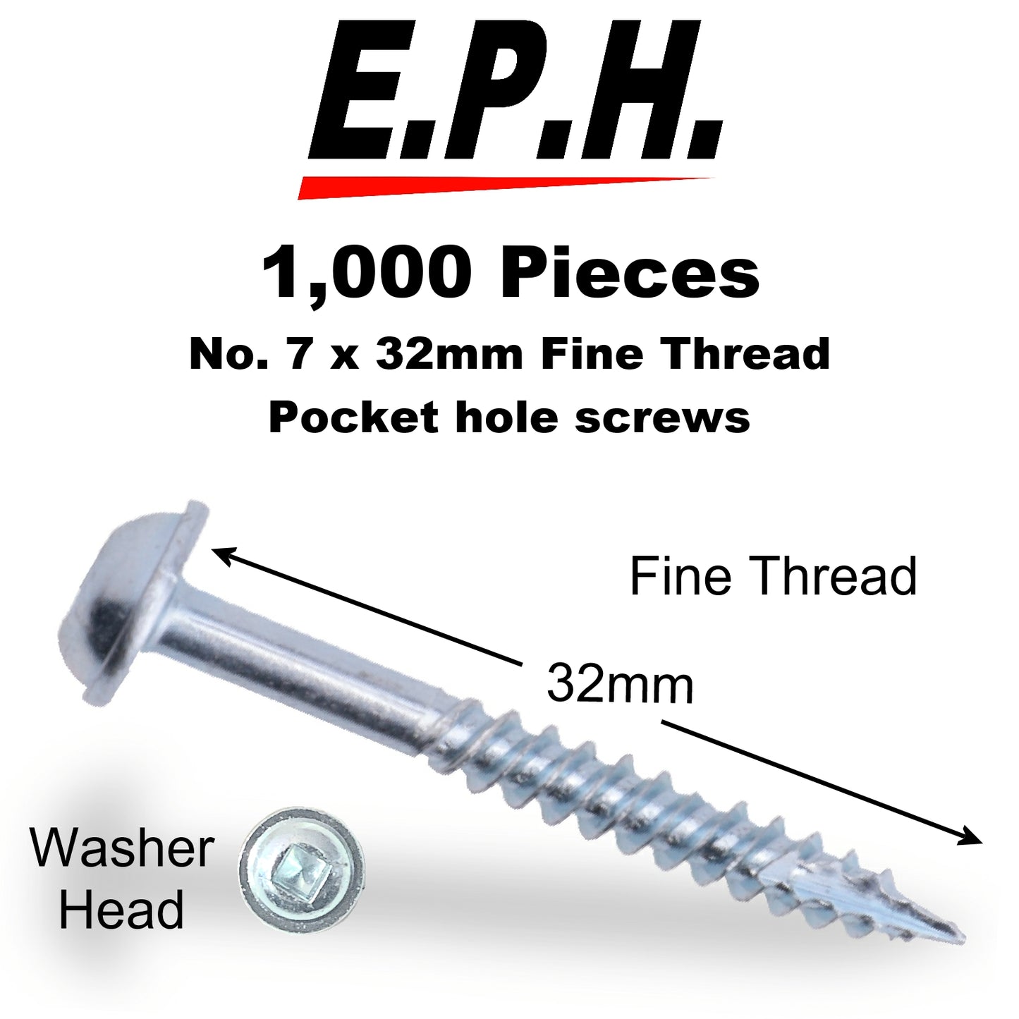 E.P.H. Pocket Hole Screws – No.8 x 32mm, Pack of 1,000 – Fine Self-Cutting Thread, Square Drive – For Hardwoods – EPH8321000F