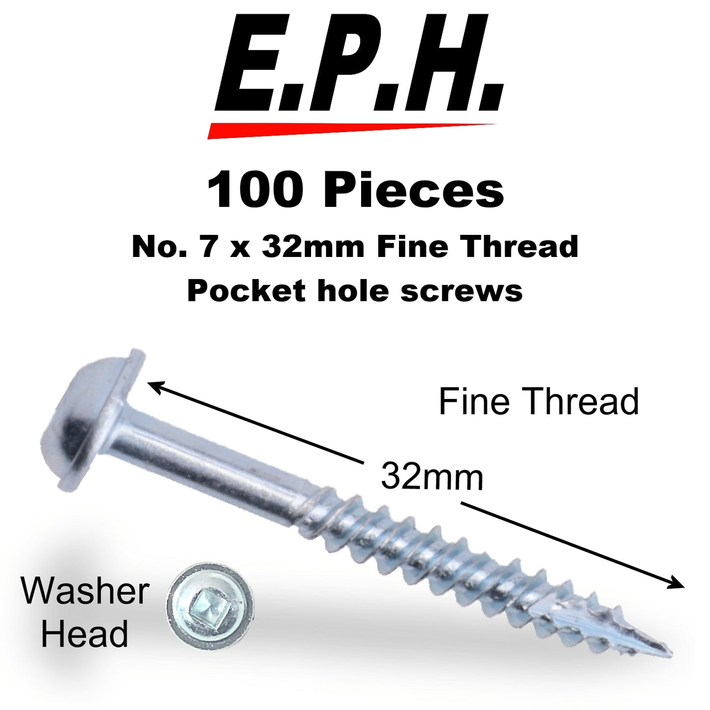 E.P.H. Pocket Hole Screws- No.8 x 32mm, Pack of 100- Fine Self-Cutting Thread, Square Drive- For Hardwoods- EPH832100F