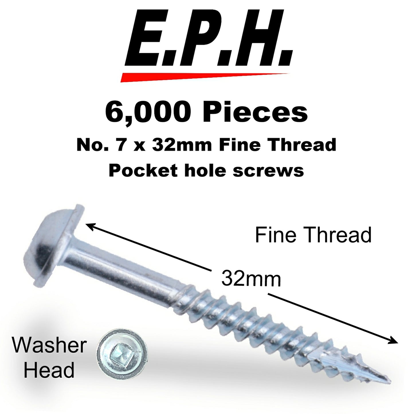 E.P.H. Pocket Hole Screws – No.8 x 32mm, Pack of 6,000 – Fine Self-Cutting Thread, Square Drive – For Hardwoods – EPH8326000F