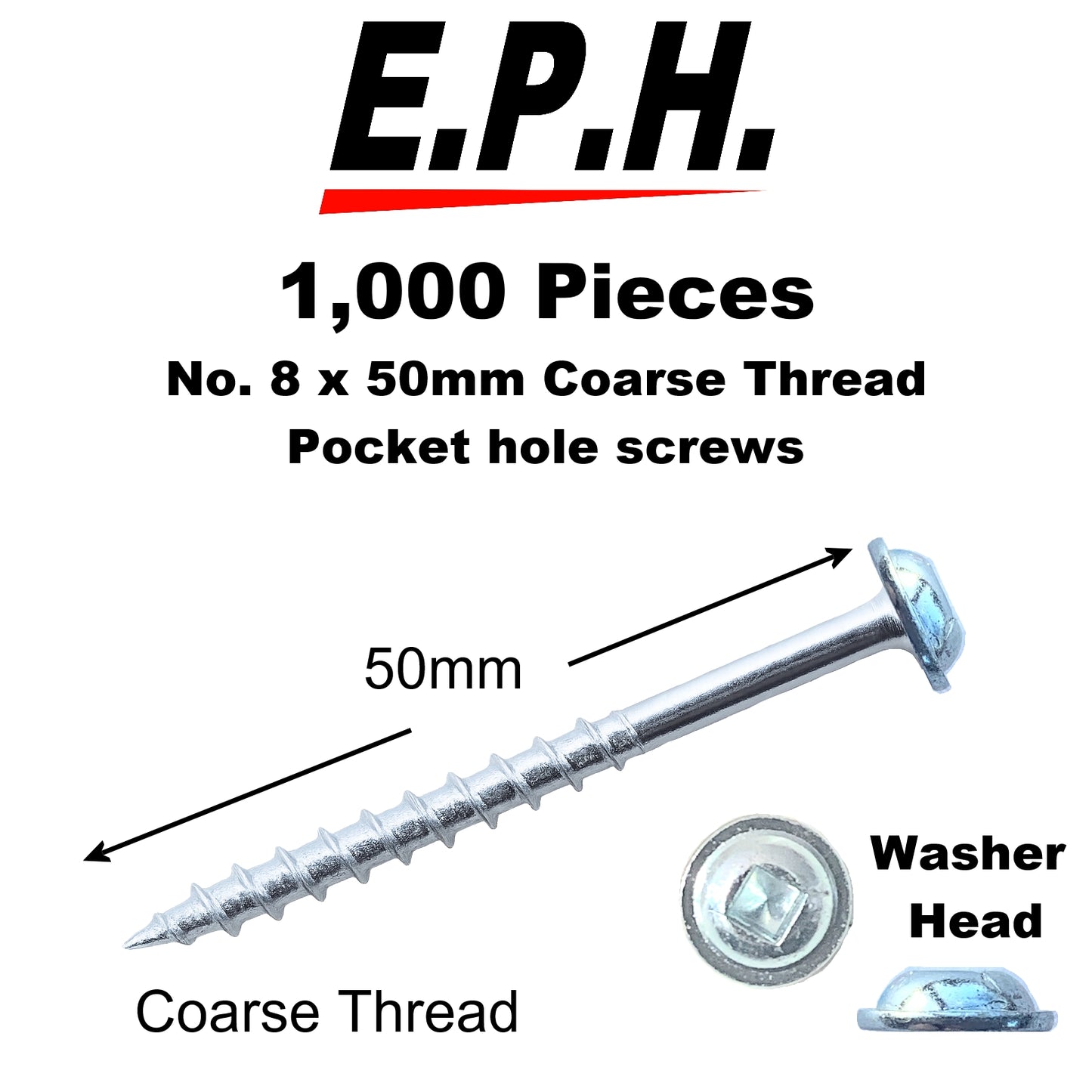 E.P.H. Pocket Hole Screws – No.8 x 50mm, Pack of 1,000 – Coarse Self-Cutting Thread, Square Drive – For Softwoods & Man-Made Boards – EPH8501000C