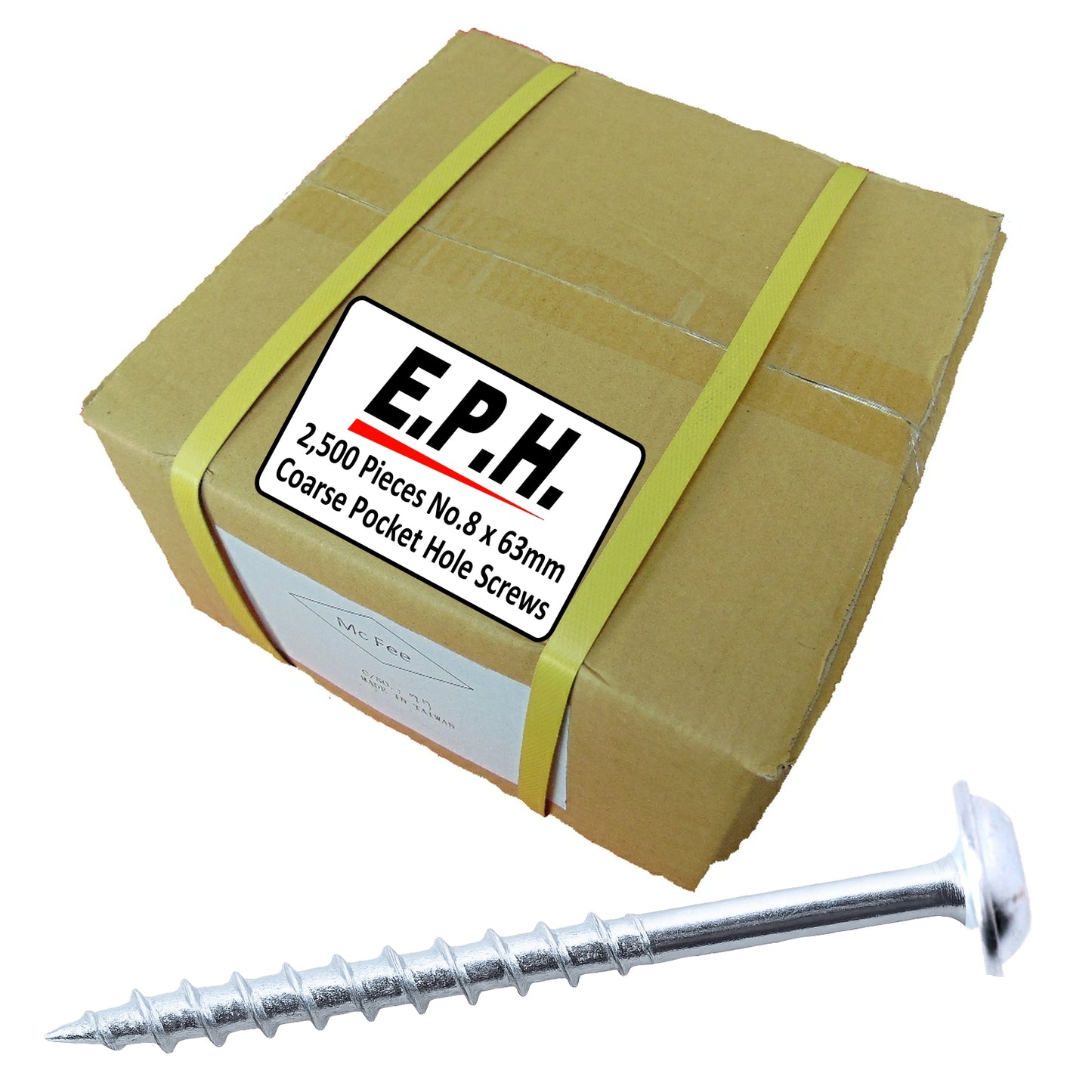 E.P.H. Pocket Hole Screws – No.8 x 63mm, Pack of 2,500 – Coarse Self-Cutting Thread, Square Drive – For Softwoods & Man-Made Boards – EPH8632500C