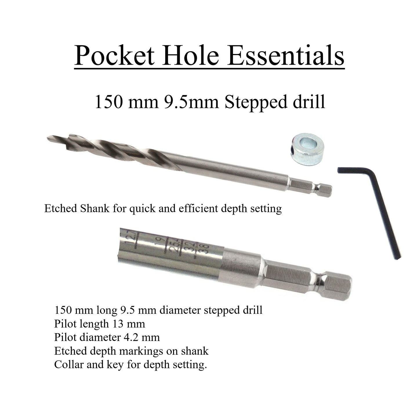 E.P.H. Pocket Hole Starter Kit – Twin Hole Jig, Depth-Marked Drill Bit with Stop Collar, 150mm Robertson #2 Driver – ETPHJBPHEX!