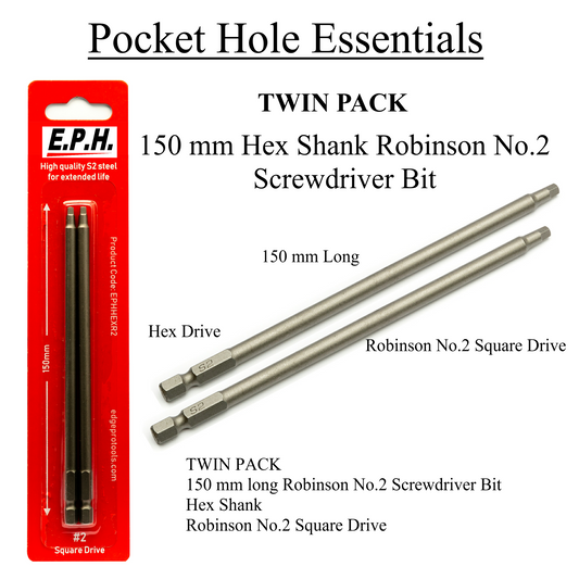 2 x Pocket Hole Screwdriver Bits - Roberston Square Drive #2 150mm - for Pocket Hole Screws - EPHHEXR2 Carded