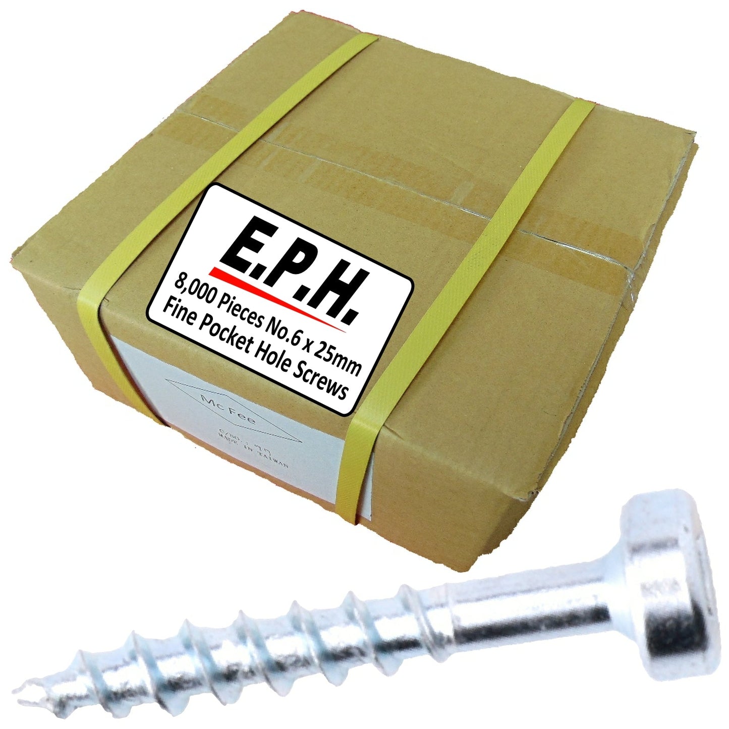 E.P.H. Pocket Hole Screws- No.6 x 25mm, Pack of 8,000- Fine Self-Cutting Thread, Square Drive- For Hardwoods- EPH6258000F