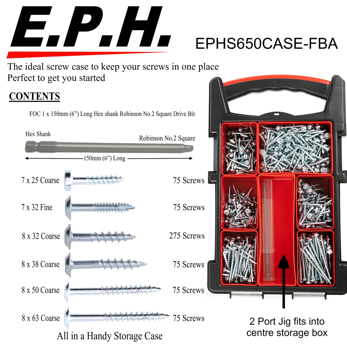 E.P.H. Pocket Hole Screws- 650pc Assorted Self-Tapping Zinc-Coated Square Drive Wood Screws for Hardwood & Softwood- Includes 150mm Driver Bit & Heavy-Duty Carry Case- EPH650CASE