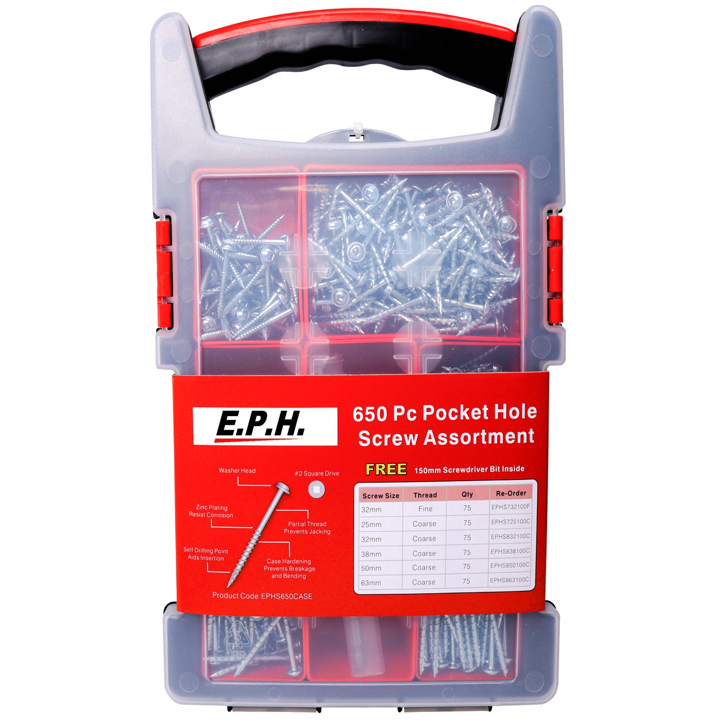 E.P.H. Pocket Hole Screws – 650pc Assorted Self-Tapping Zinc-Coated Square Drive Wood Screws for Hardwood & Softwood – Includes 150mm Driver Bit & Heavy-Duty Carry Case – EPH650CASE
