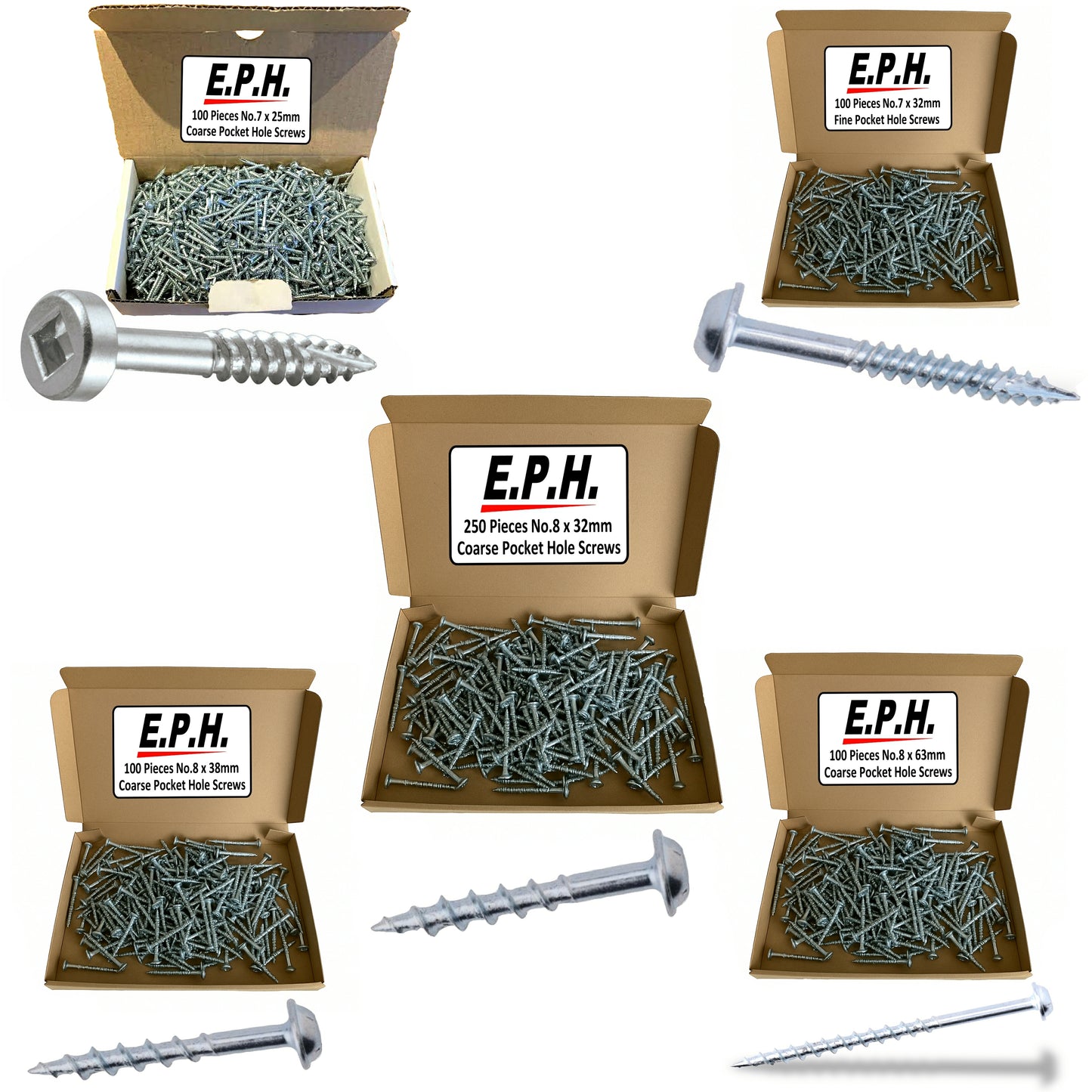E.P.H. Pocket Hole Screws – 650pc Assorted Self-Tapping Zinc-Coated Square Drive Wood Screws for Hardwood & Softwood – EPHS650MIX