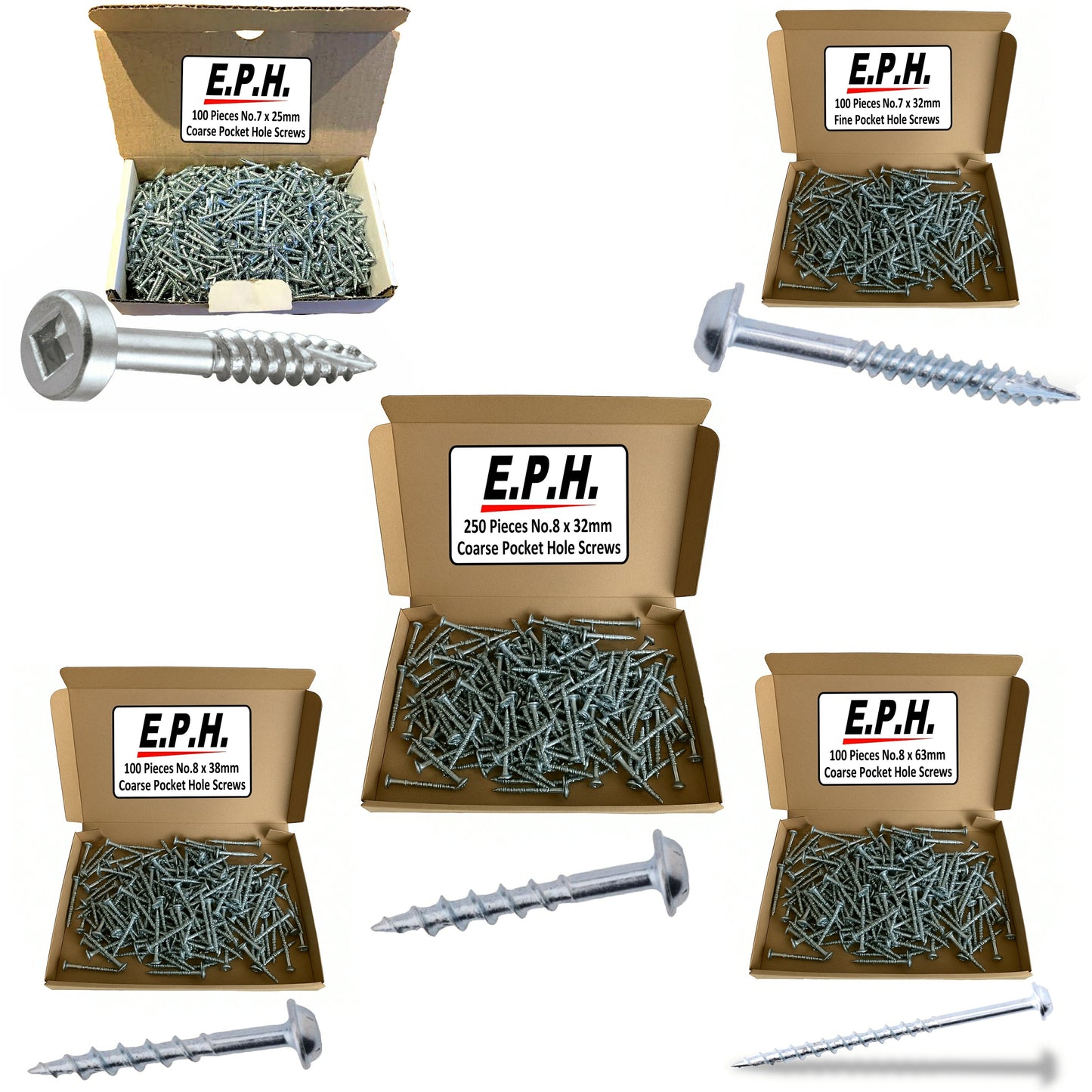 E.P.H. Pocket Hole Screws- 650pc Assorted Self-Tapping Zinc-Coated Square Drive Wood Screws for Hardwood & Softwood- EPHS650MIX