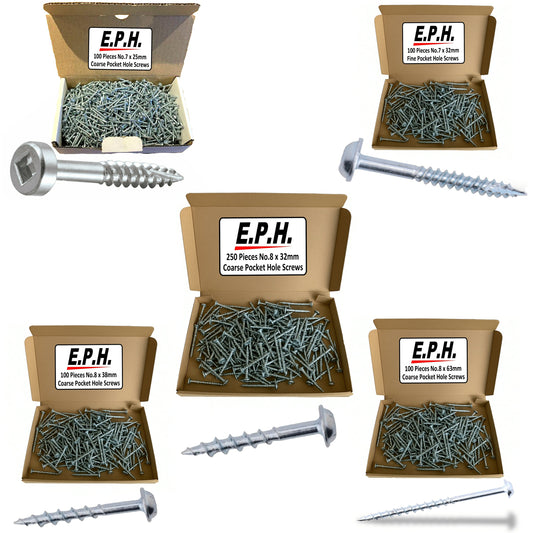E.P.H. Pocket Hole Screws- 650pc Assorted Self-Tapping Zinc-Coated Square Drive Wood Screws for Hardwood & Softwood- EPHS650MIX
