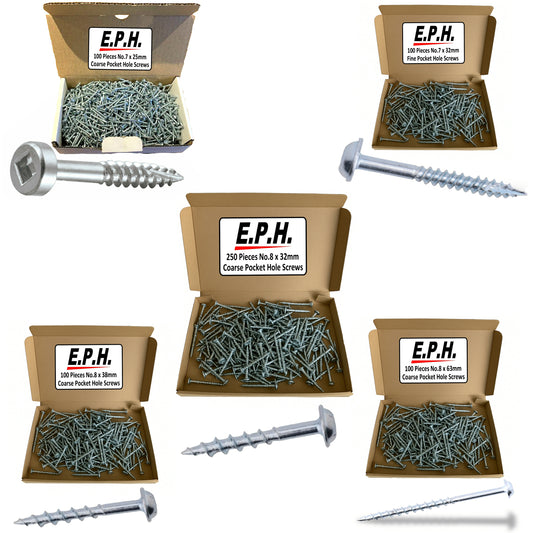 E.P.H. Pocket Hole Screws – 650pc Assorted Self-Tapping Zinc-Coated Square Drive Wood Screws for Hardwood & Softwood – EPHS650MIX