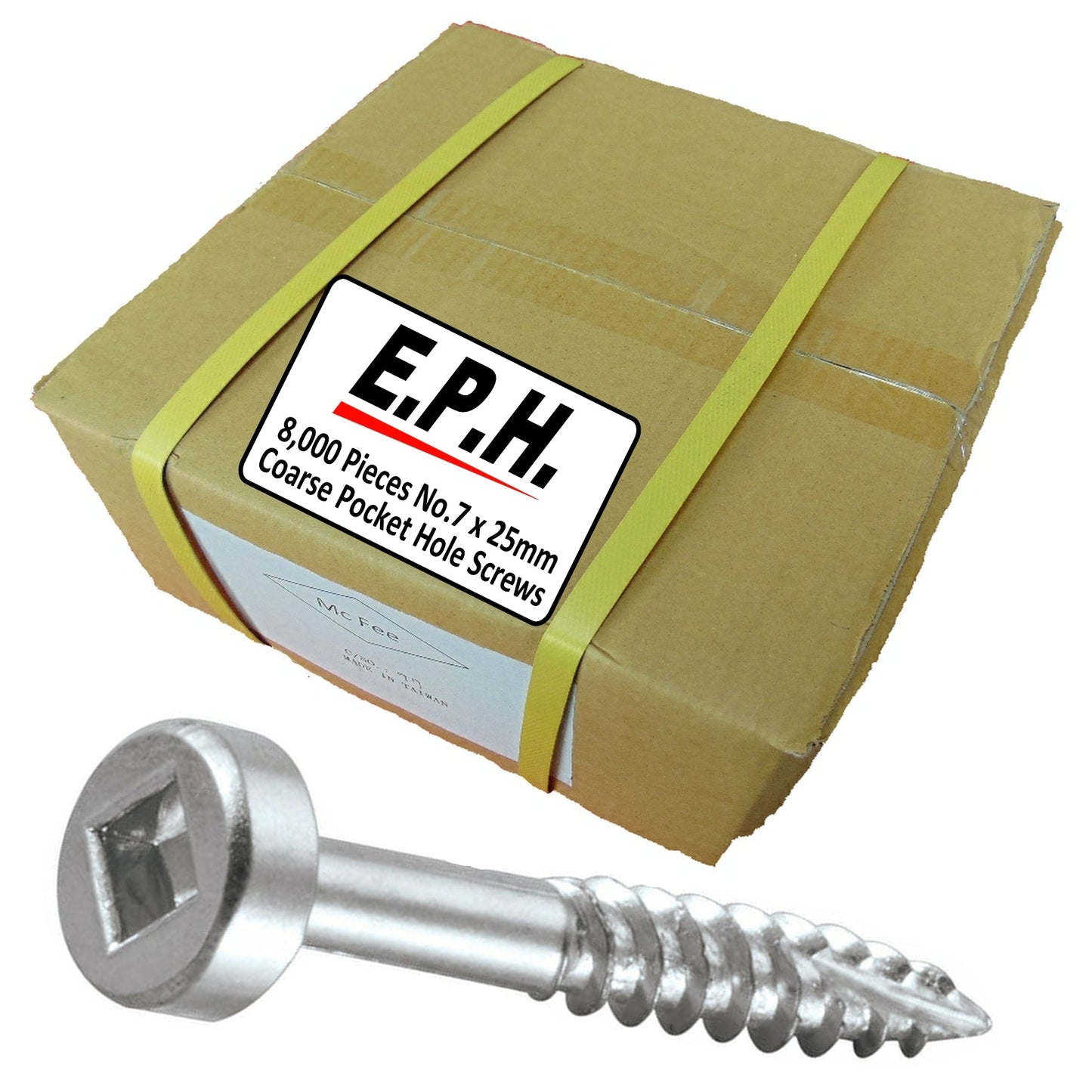 E.P.H. Pocket Hole Screws- No.7 x 25mm, Pack of 8,000- Coarse Self-Cutting Thread, Square Drive- For Softwoods & Man-Made Boards- EPH7258000C
