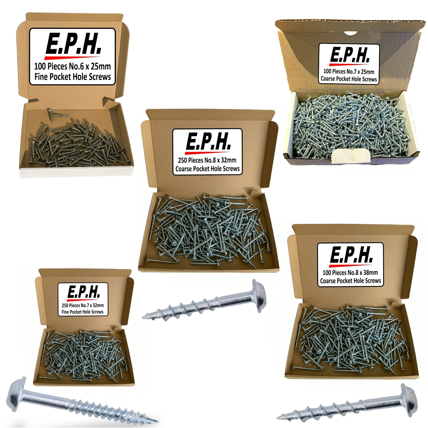 E.P.H. Pocket Hole Screws – 800pc Assorted Self-Tapping Zinc-Coated Square Drive Wood Screws for Hardwood & Softwood – EPHS800MIX