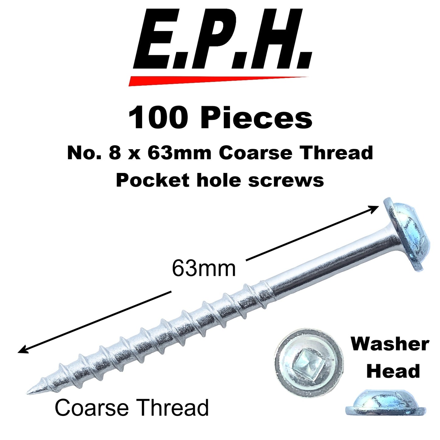 E.P.H. Pocket Hole Screws- 650pc Assorted Self-Tapping Zinc-Coated Square Drive Wood Screws for Hardwood & Softwood- EPHS650MIX