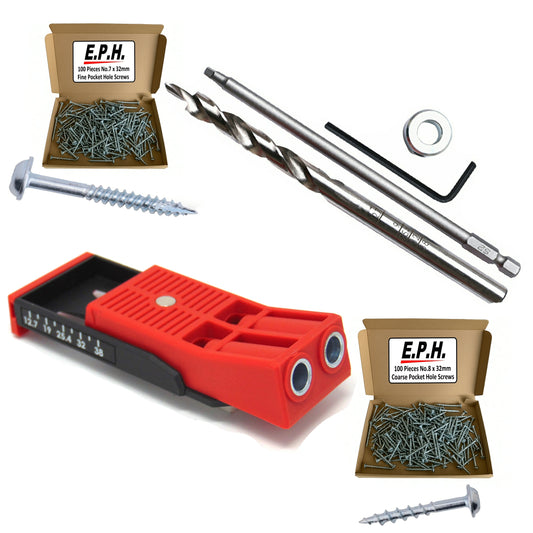 E.P.H. Pocket Hole Starter Kit + 200 Pocket Hole Screws- Twin Hole Jig, Depth-Marked Drill Bit, 150mm Robertson #2 Driver + 100x 32mm Coarse & 100x 32mm Fine Pocket Hole Screws- EPHSTKIT1