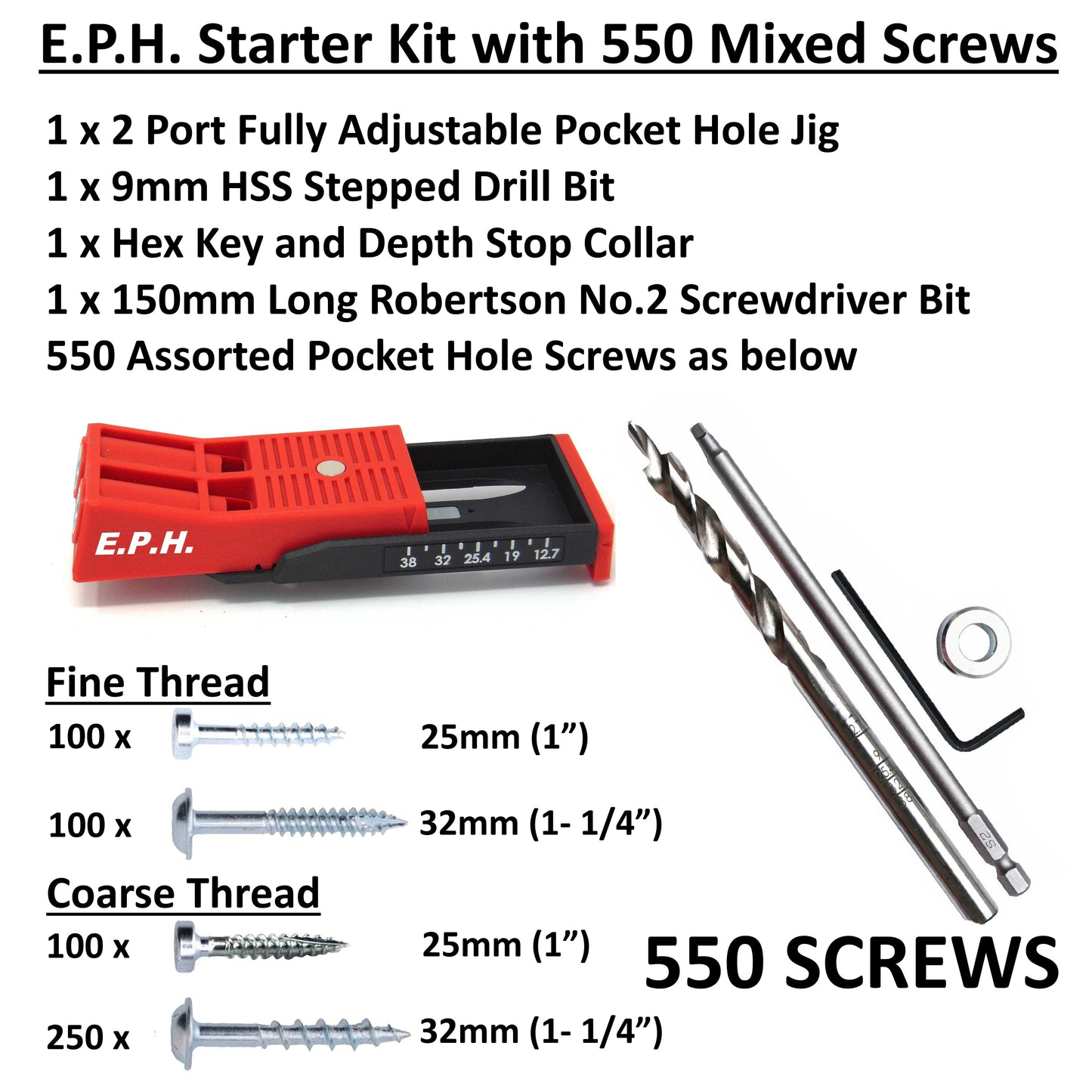 E.P.H. Pocket Hole Starter Kit + 550 Mixed Pocket Hole Screws- Twin Hole Jig, Depth-Marked Drill Bit, 150mm Robertson #2 Driver- EPHSTKIT2