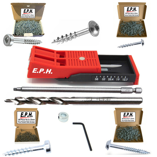 E.P.H. Pocket Hole kit with drill bits, screws, and packaging on a white background