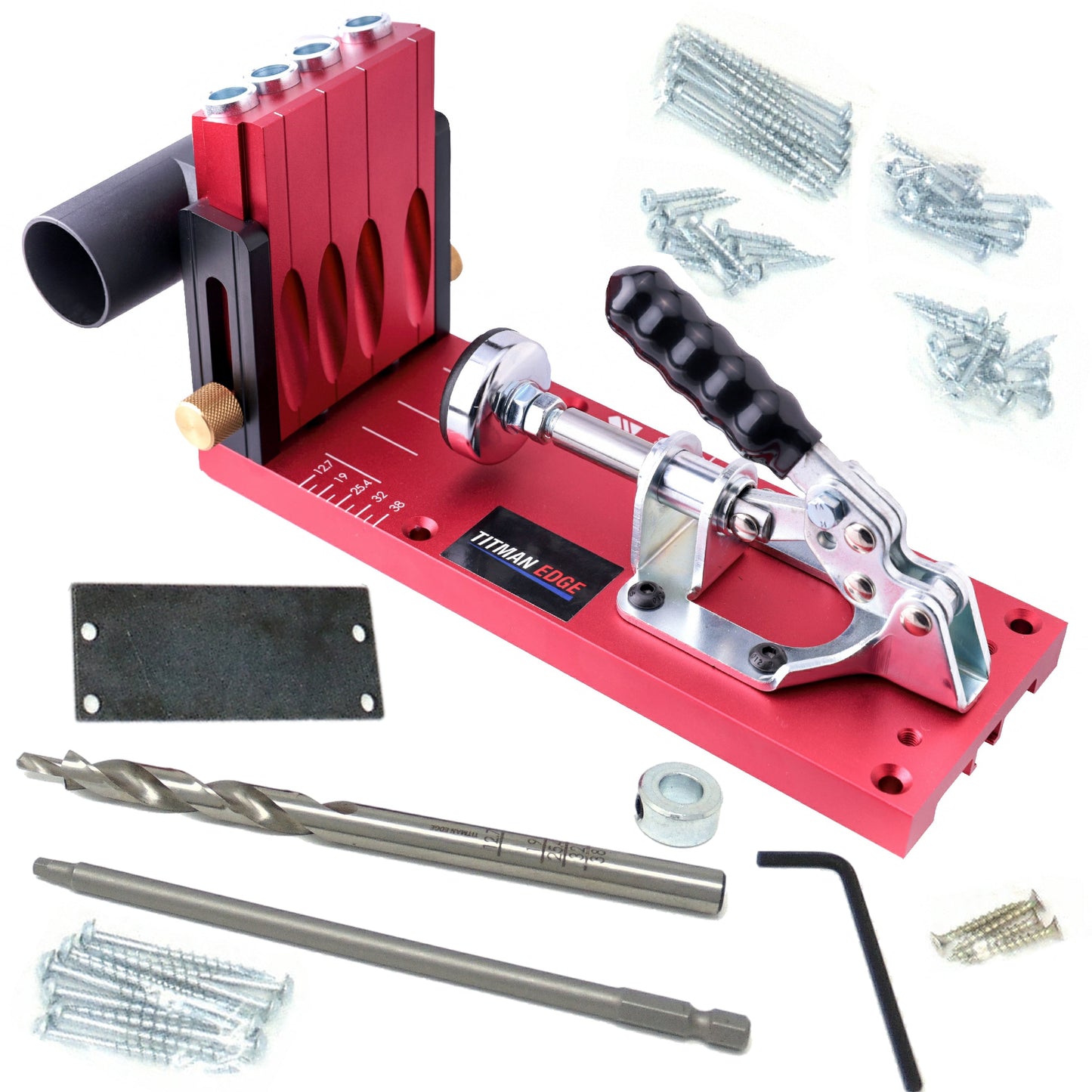 Titman Edge Professional Pocket Hole Jig Kit with 4 port turret, HSS Drill Bit & Depth Setting Collar, 150mm Square Bit Drive & 50 Pocket Hole Screws, ESPHJ