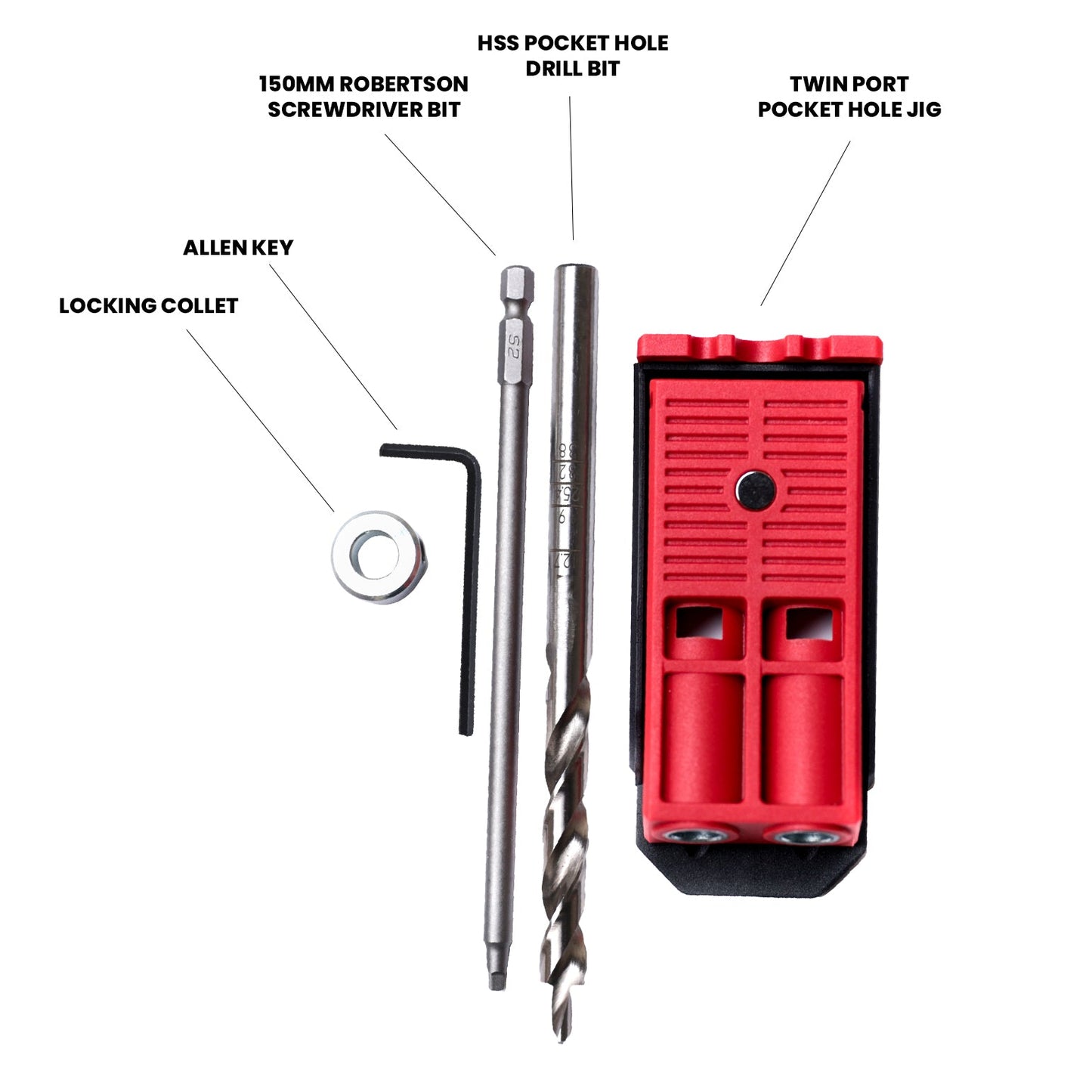 E.P.H. Pocket Hole Starter Kit – Twin Hole Jig, Depth-Marked Drill Bit with Stop Collar, 150mm Robertson #2 Driver – ETPHJBPHEX!