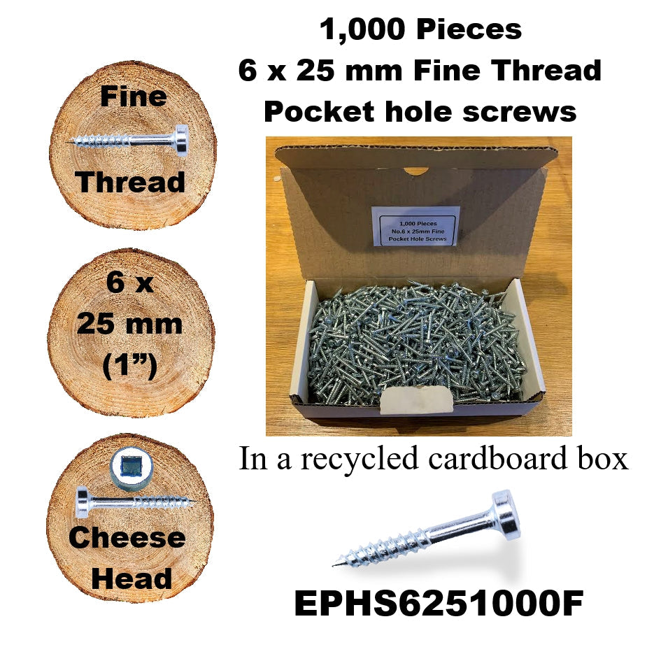 EPHS6251000F Pocket Hole Screws - 1,000 x  25mm (1") x 6mm Fine Thread