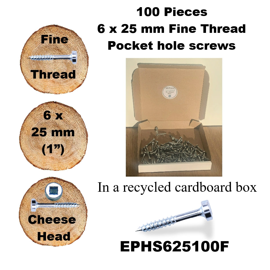 EPHS625100F Pocket Hole Screws - 100 x  25mm (1") x 6mm Fine Thread