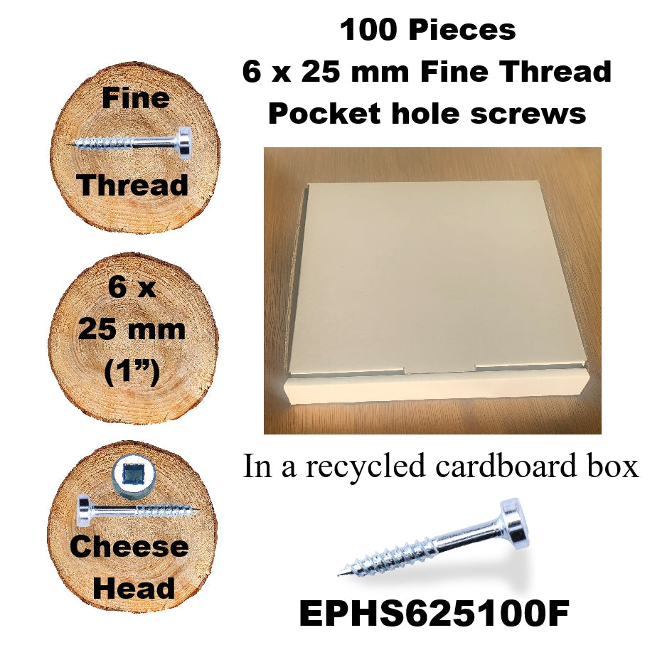 EPHS625100F Pocket Hole Screws - 100 x  25mm (1") x 6mm Fine Thread
