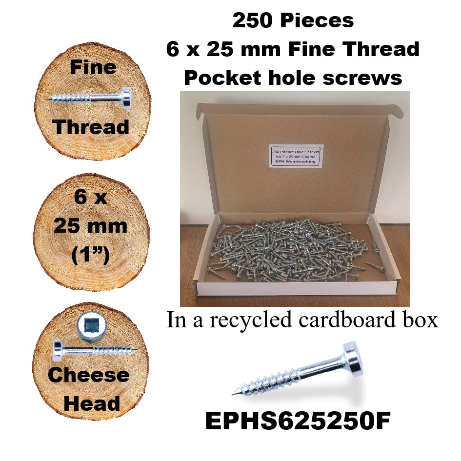 EPHS625250F Pocket Hole Screws - 250 x  25mm (1") x 6mm Fine Thread