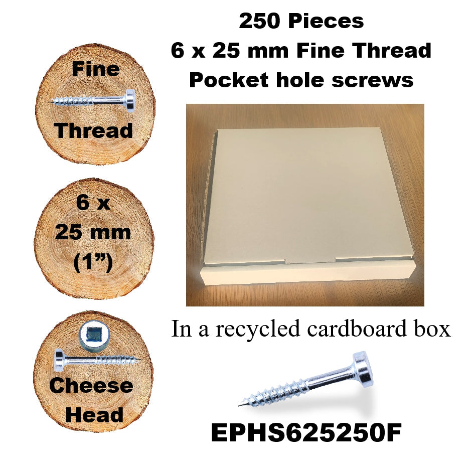 EPHS625250F Pocket Hole Screws - 250 x  25mm (1") x 6mm Fine Thread