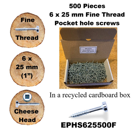 EPHS625500F Pocket Hole Screws - 500 x  25mm (1") x 6mm Fine Thread