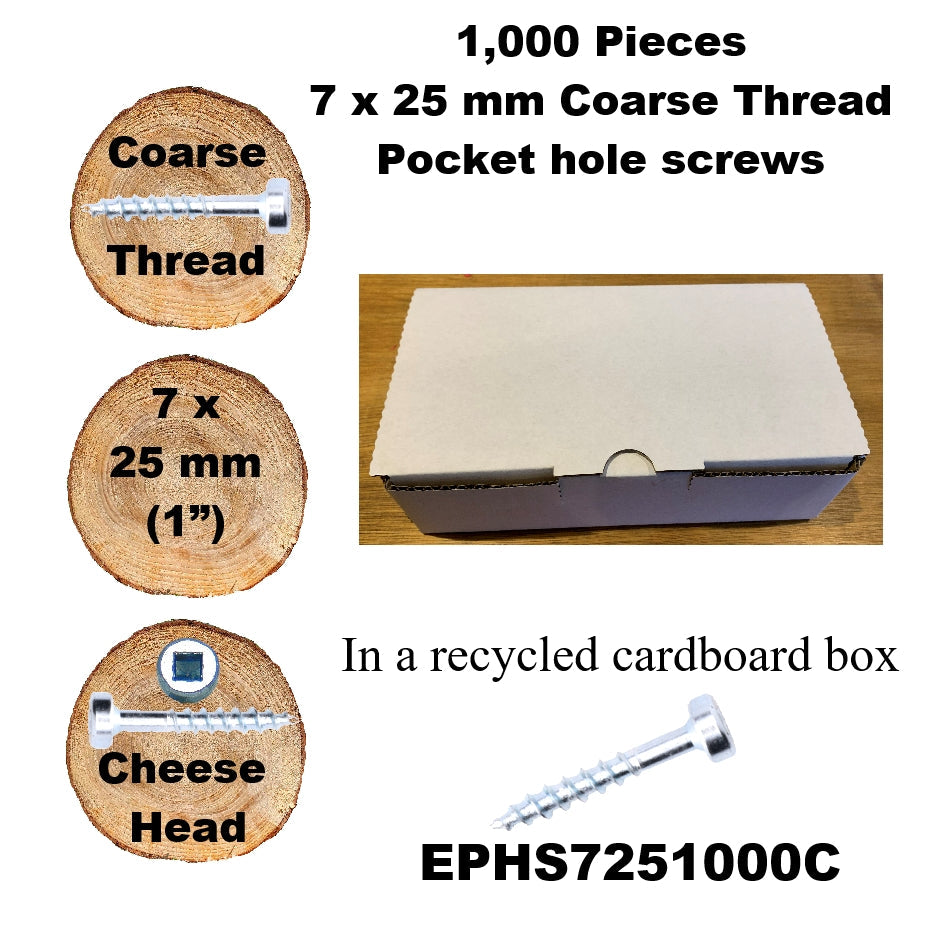 EPHS7251000C Pocket Hole Screws - 1,000 x  25mm (1") x 7mm Coarse Thread