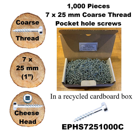 EPHS7251000C Pocket Hole Screws - 1,000 x 25mm (1") x 7mm Coarse Thread
