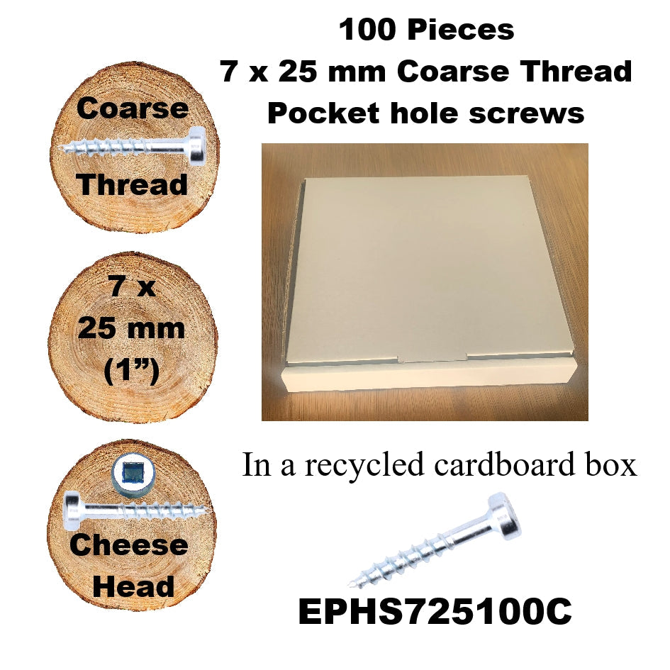 EPHS725100C Pocket Hole Screws - 100 x  25mm (1") x 7mm Coarse Thread