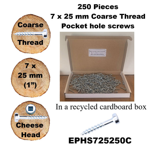 EPHS725250C Pocket Hole Screws - 250 x  25mm (1") x 7mm Coarse Thread