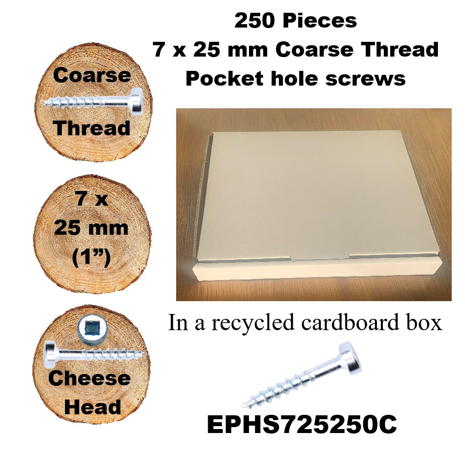 EPHS725250C Pocket Hole Screws - 250 x  25mm (1") x 7mm Coarse Thread
