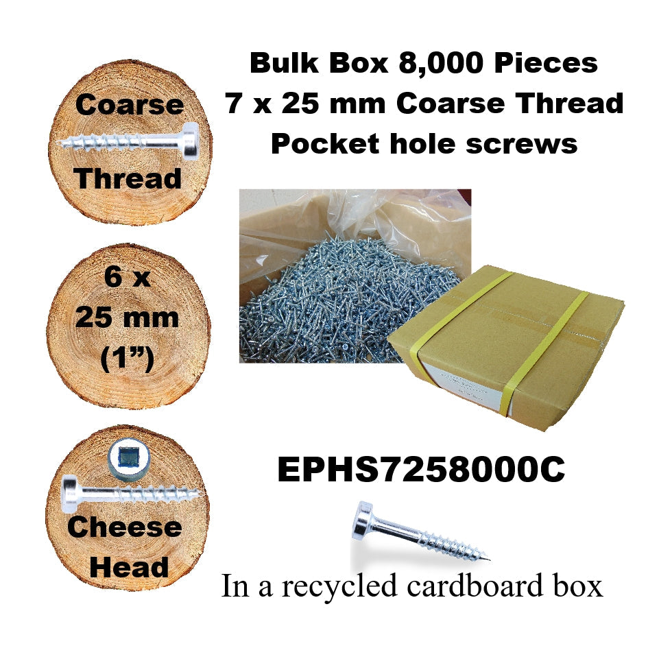 EPHS7258000C Pocket Hole Screws - 8,000 x  25mm (1") x 7mm Coarse Thread