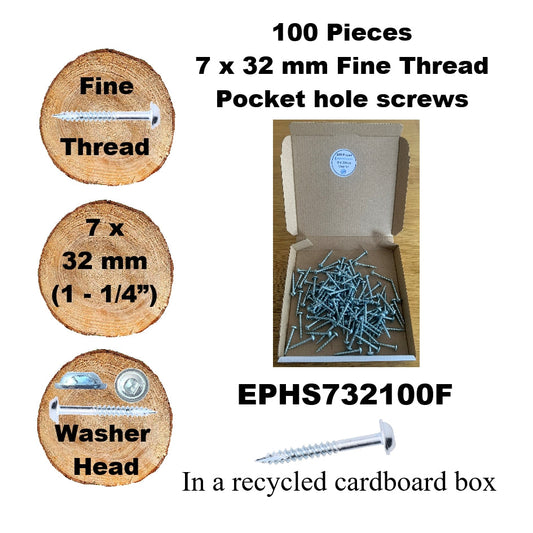 EPHS732100F Pocket Hole Screws - 100 x  32mm (1 1/4") x 7mm Fine Thread