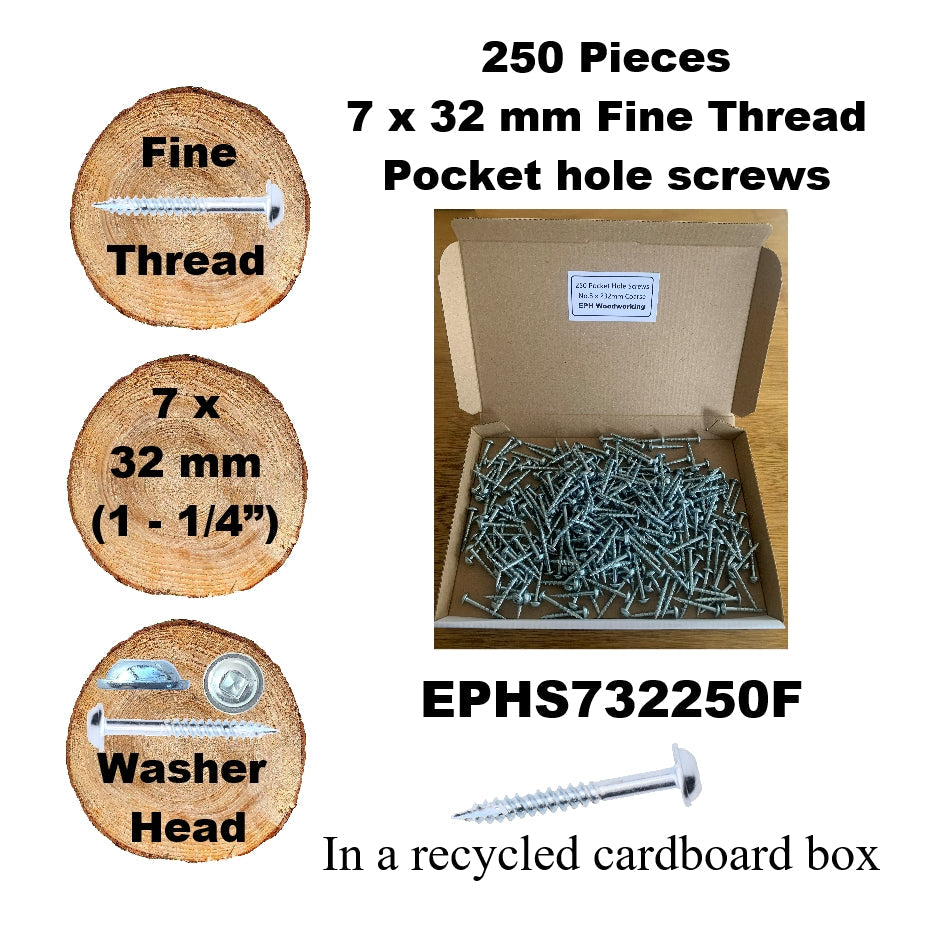 EPHS732250F Pocket Hole Screws - 250 x  32mm (1 1/4") x 7mm Fine Thread
