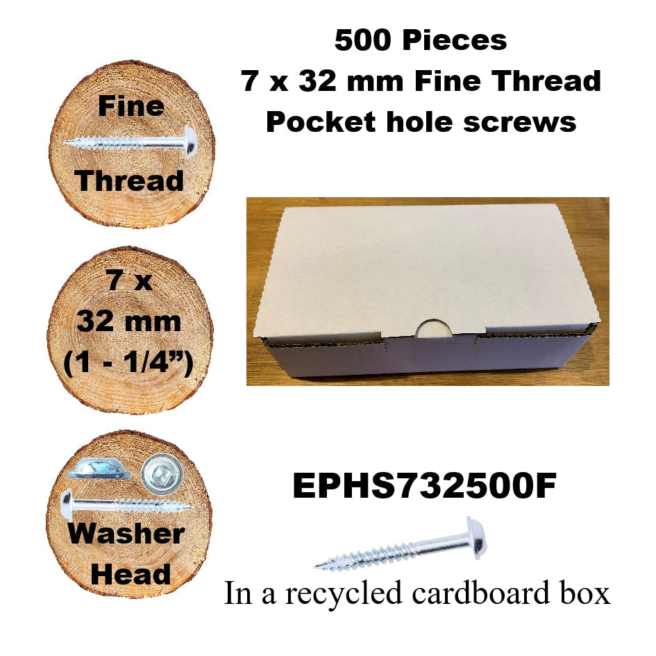 EPHS732500F Pocket Hole Screws - 500 x  32mm (1 1/4") x 7mm Fine Thread